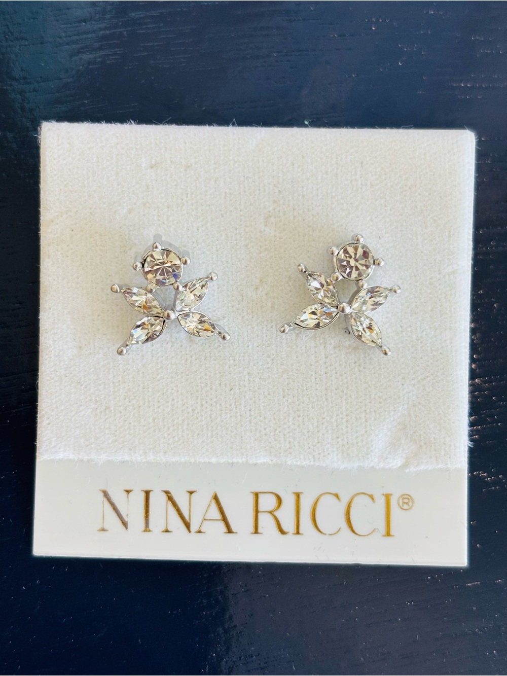 Nina Ricci Clear Crystal Floral Stud Earrings